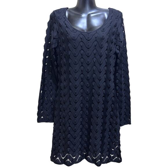 Free People Wild Thing Black Crochet Chevron Knit Mini Dress L Long Sleeve Chic - Picture 3 of 8